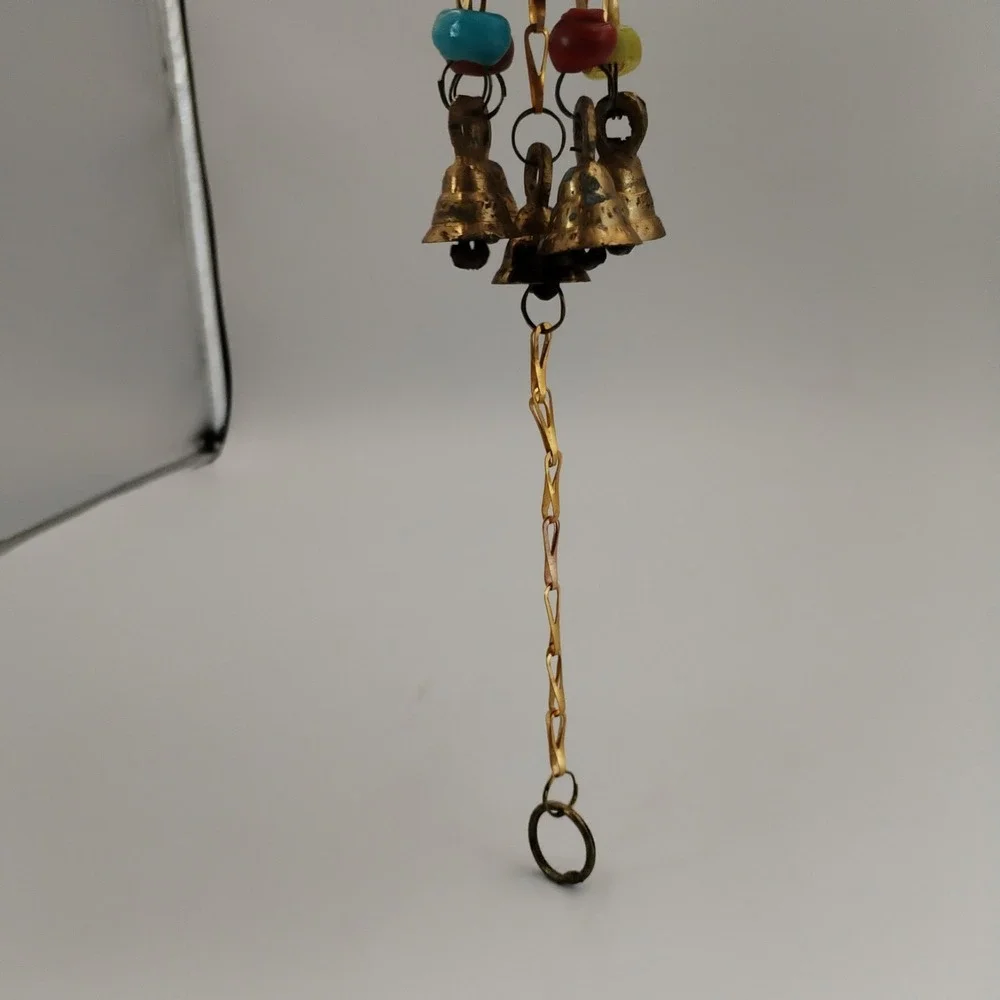 Vintage Brass Cluster Wind Chime Mini Temple Bells Boho Hanging Decor with Beads